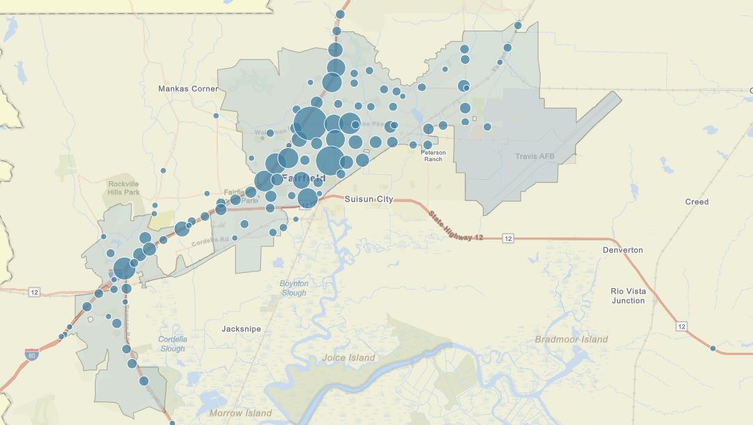 Map of crash sites in Fairfield, CA