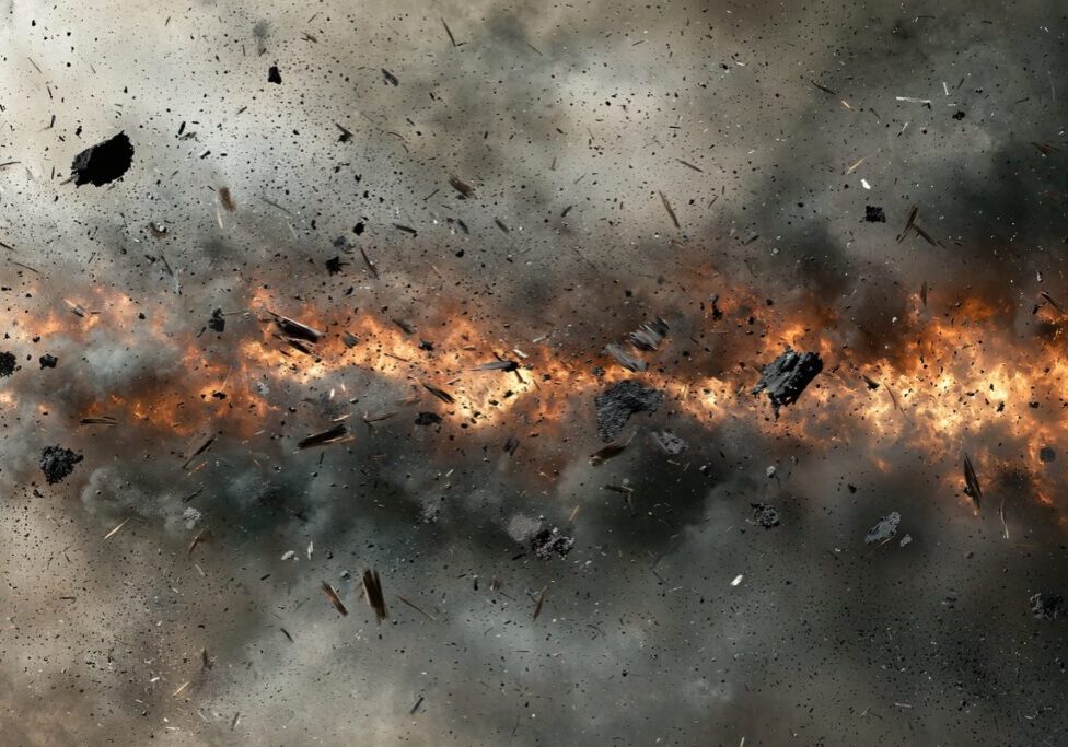 Image of debris from a controlled explosion moving towards the camera