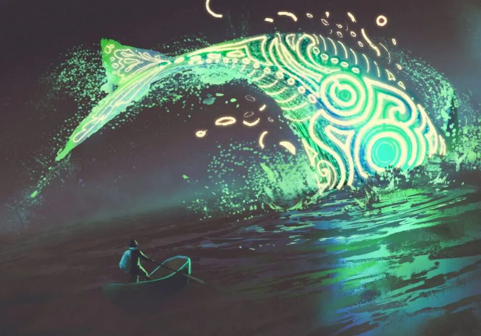 Image of a glowing, painted whale diving underwater