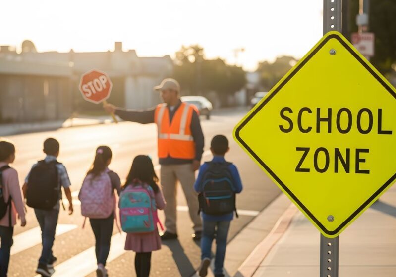 Image of children walking in a traffic lane towards a crossing guard with a sign reading School Zone in the foreground