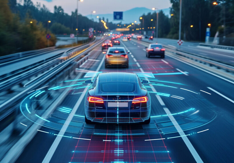 Self Driving Cars Image of a car on a roadway surrounded by a holographic image of cybernetics