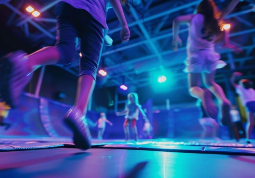 Unfocused vision of kids jumping and flipping in an indoor trampoline park.