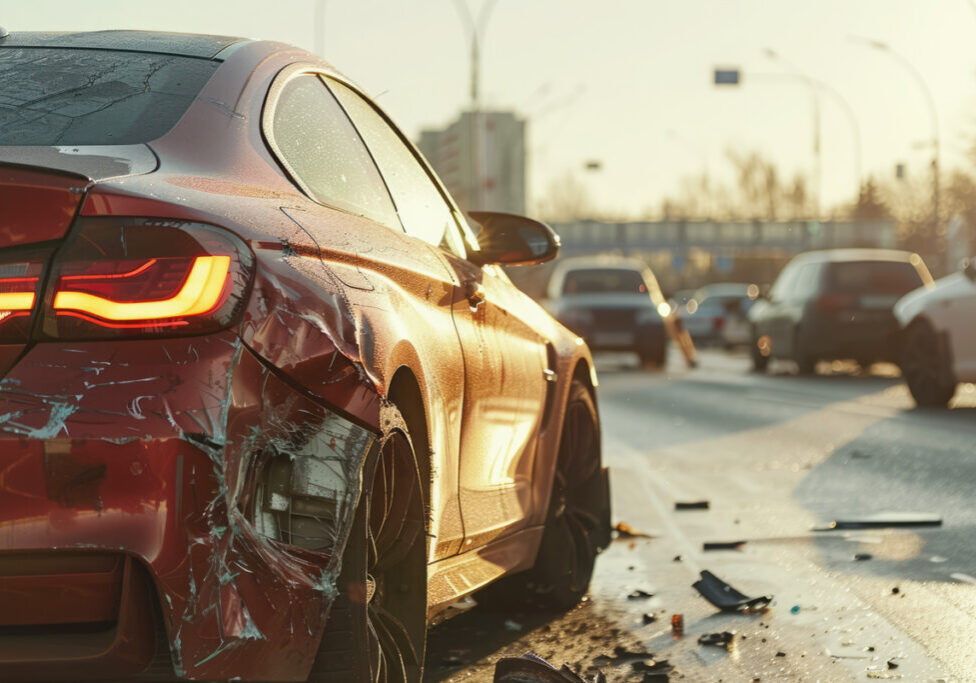 drunk driving pic Close up image of a red car's bumper after a crash