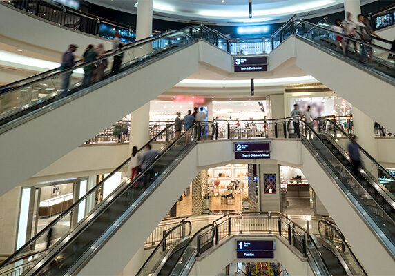 Multiple levels of escalators in a shopping mall