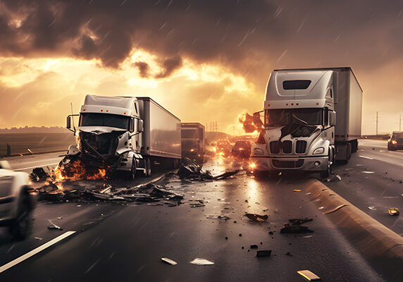 Illustration of two 18 wheelers in a large crash on highway