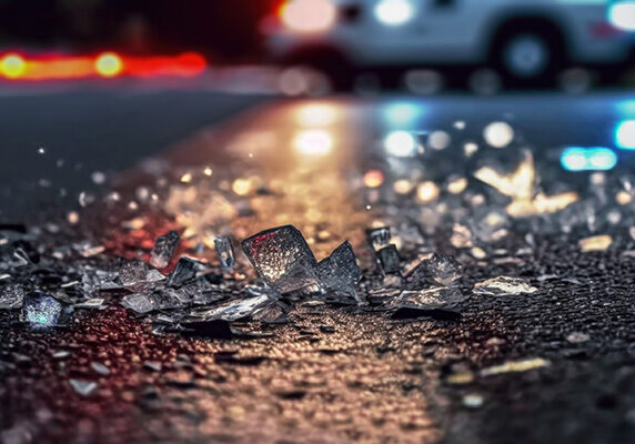 Image of broken glass on a wet roadway