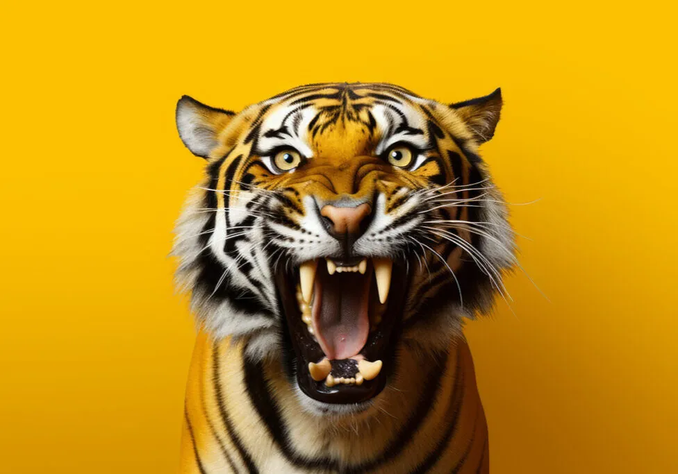 Image of a growling tiger in front of a yellow background