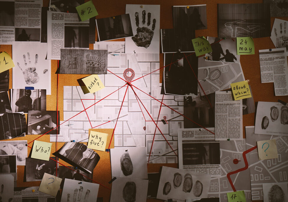 Image of a investigation board with a map in the center surrounded by photos and post-it notes