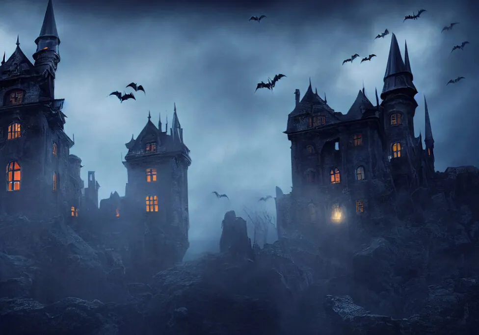Image of a horror movie mansion with bats flying around