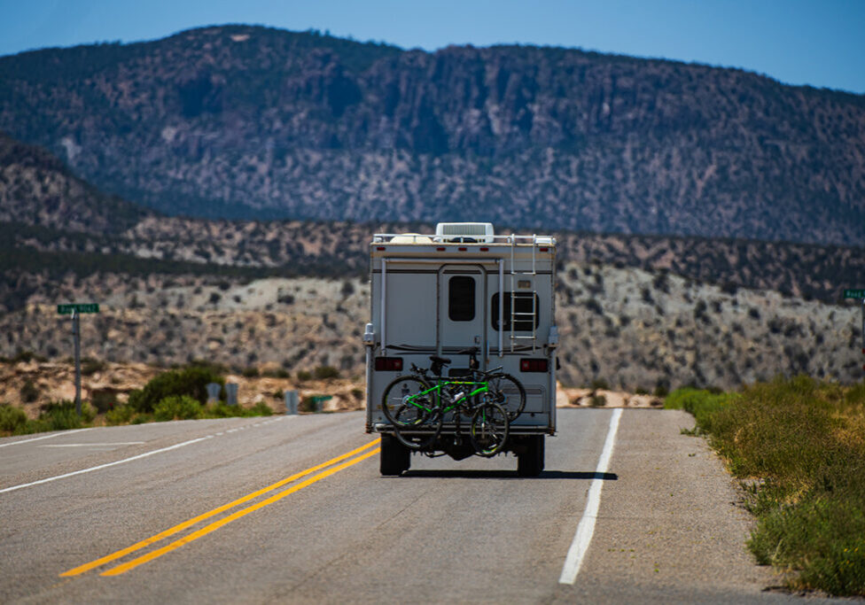 RV driving down a highway in the midwest