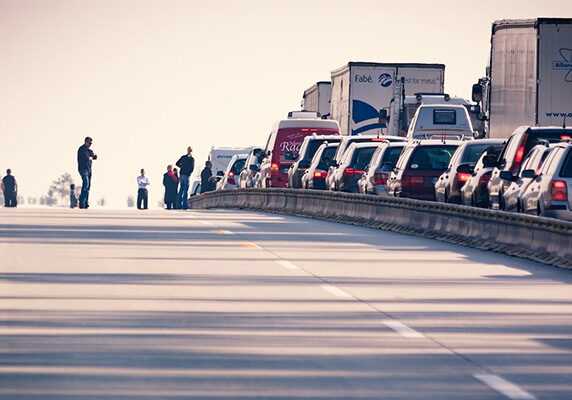 Highway accident with backed up cars