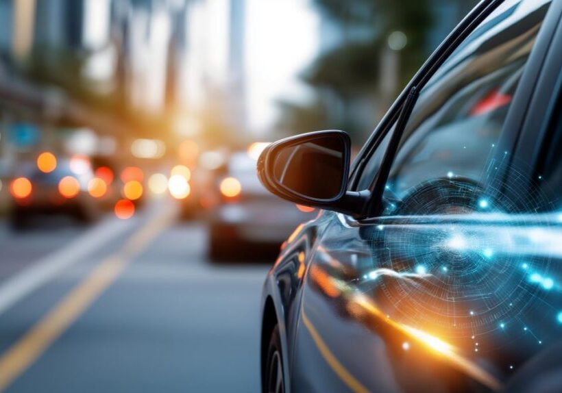 Side view of a car driving down a busy road