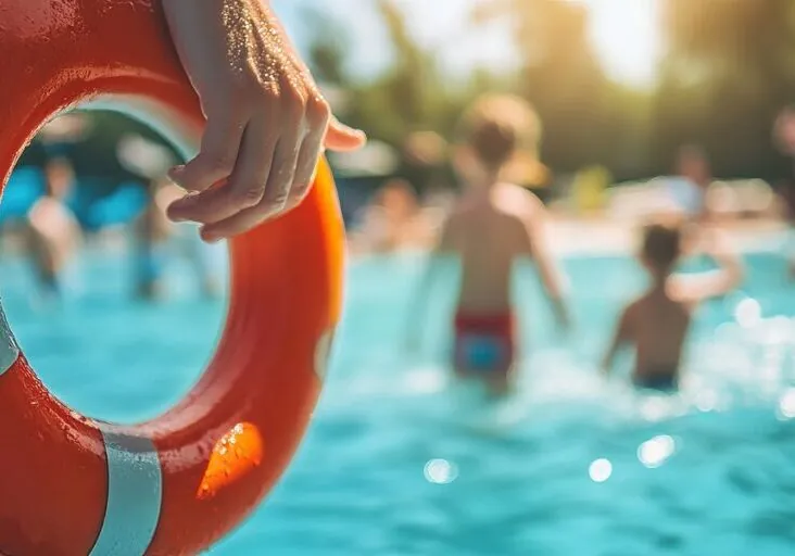 Image of a lifeguard holding a life preserver while watching children play in a public pool