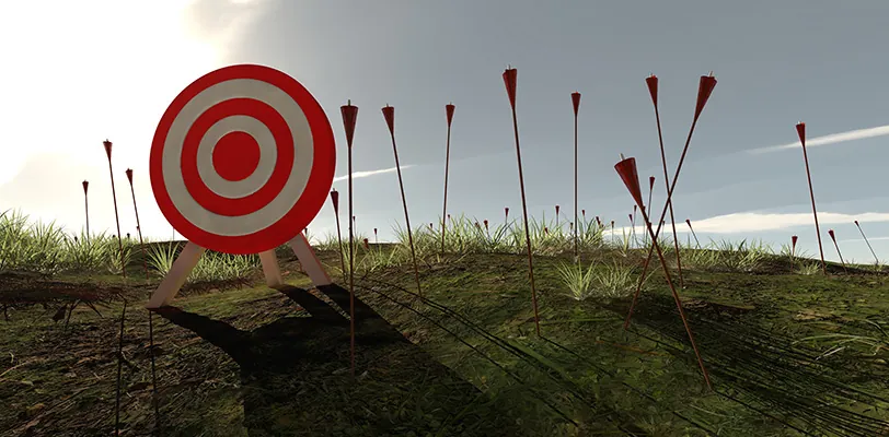 Computer generated archery target with computer generated arrows stuck in the ground surrounding it